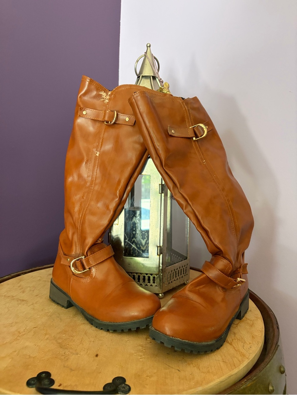 Tall Cognac Brown Buckle Riding Boots